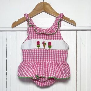 SILLY GOOSE EUC Hand Smocked Ice Cream Gingham Ruffle Ricrac Bubble